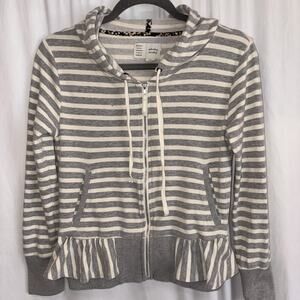 Anthropologie Saturday and Sunday Ruffle Striped Full Zip Hoodie Gray MEDIUM